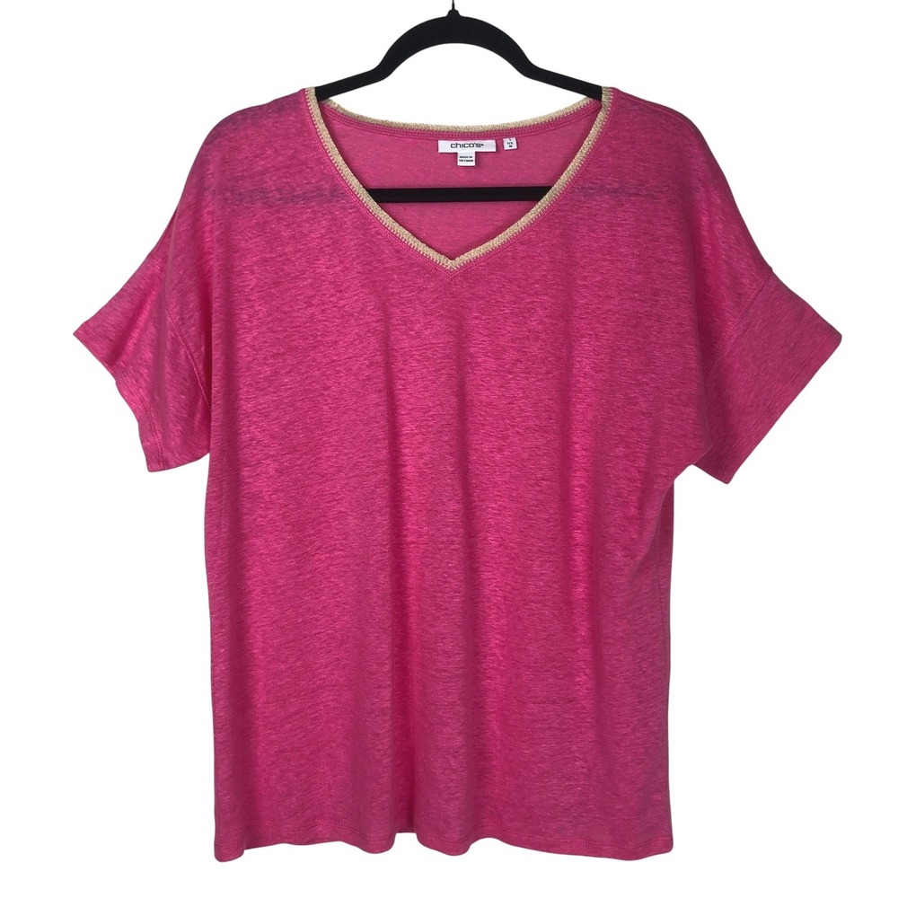 Chico's Womens 100% Linen Pink‎ Ruched Short Sleeve Top Size M Boho Beach Summer